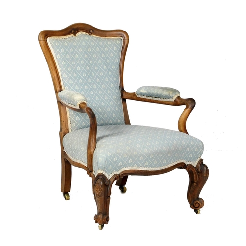 707 - Early Victorian rosewood and upholstered open armchair, circa 1840, the pad back and seat upholstere... 