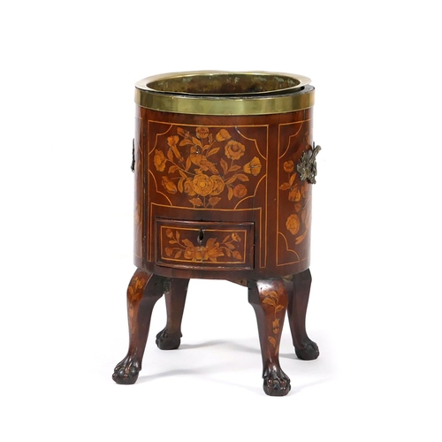 708 - Dutch mahogany and inlaid wine cooler, cylinder form with brass liner, inlaid throughout with panels... 