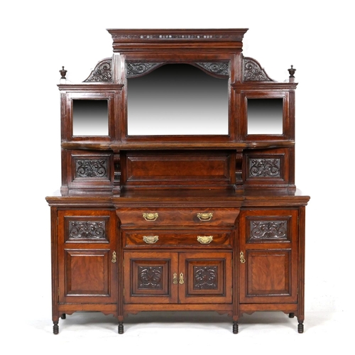 778 - Victorian oak and walnut mirror back sideboard, circa 1880, the back with triple mirrors and a singl... 