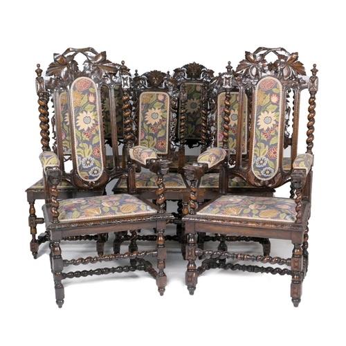 780 - Composite set of eight Victorian carved oak dining chairs, comprising six singles and two associated... 