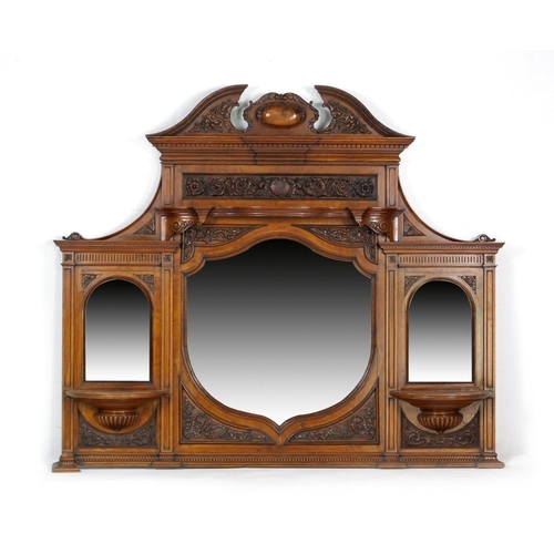 792 - Victorian carved pollard oak overmantel mirror, circa 1860, having a carved broken pediment over a f... 