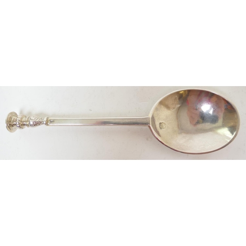 151 - Charles II seal top silver spoon, by Jeremy Johnson, London 1660, the seal stipple engraved with an ... 