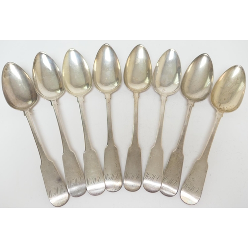 152 - Eight George III Scottish silver fiddle pattern table spoons, maker J N, Edinburgh 1807, each engrav... 