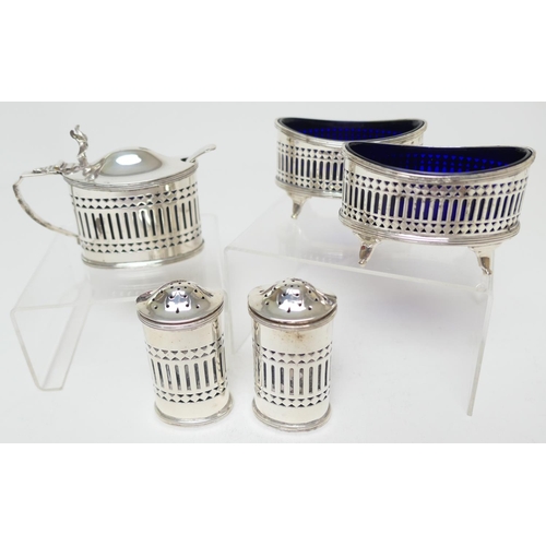 154 - Edwardian silver five piece condiment, by Stokes and Ireland Ltd, Chester 1909, in the Adam Revival ... 