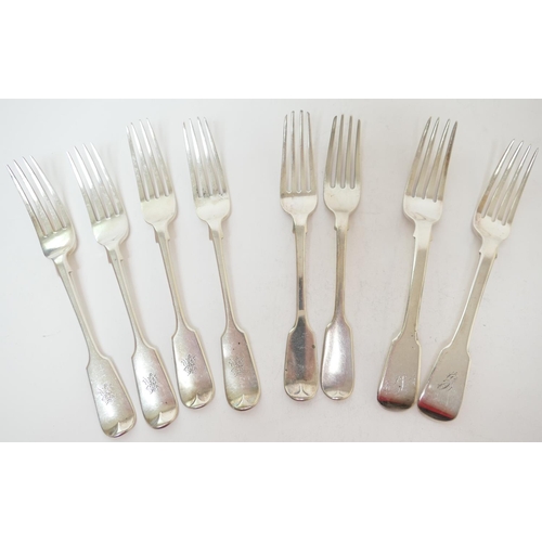 158 - Silver fiddle pattern dessert forks, various makers and dates, comprising four by George Adams, Lond... 