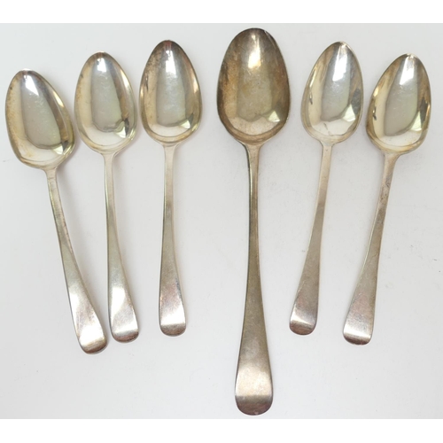 160 - Five George III silver Old English pattern dessert spoons, London 1805, and a Georgian silver Old En... 