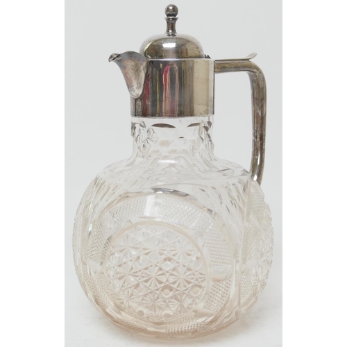 169 - Late Victorian silver mounted cut glass claret jug, Birmingham 1895, having a repaired domed hinged ... 