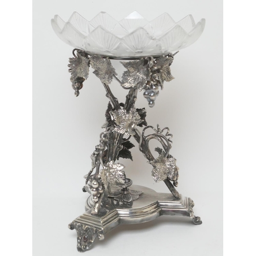 170 - Victorian electro-plated table centre piece, circa 1875, supporting a later ground frosted and cut g... 