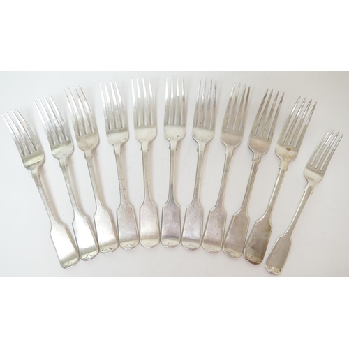 176 - Set of ten Victorian silver fiddle pattern table forks, maker SM/DC, London 1853; also a Victorian s... 