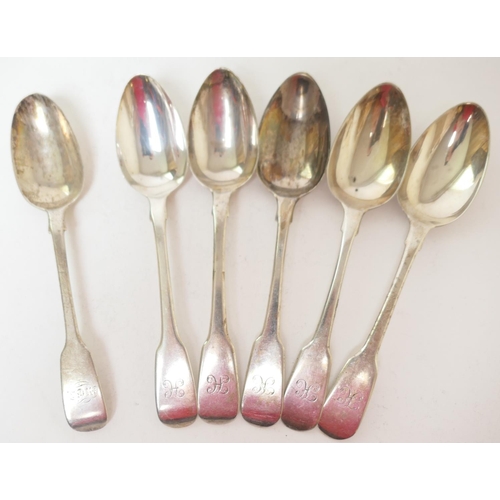 177 - Three George IV silver fiddle pattern dessert spoons, maker W B, London 1829; also a pair of George ... 