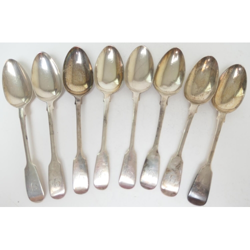 178 - Three George III silver fiddle pattern dessert spoons, makers' marks rubbed, London 1811; also a fur... 