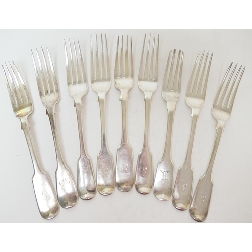 142 - Silver fiddle pattern table forks, various makers and dates, comprising four by William Eaton, Londo... 