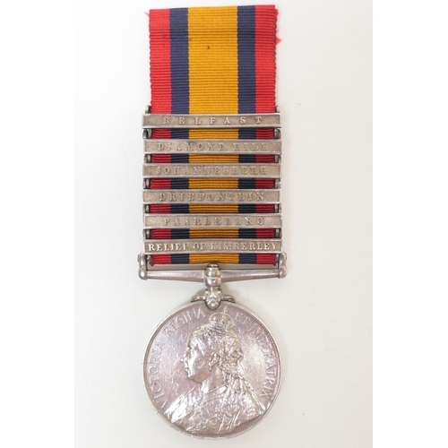 570 - Queen's South Africa medal, with six clasps, awarded to 4028 Pte. A. Hughes, Welsh Regt. (2nd type r... 