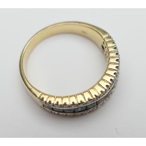 390 - Diamond and sapphire half eternity ring in 18ct yellow gold, channel set with twelve cushion cut sap... 