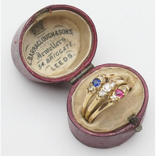 392 - Victorian gem set trinity ring, hallmarked Birmingham 1886, having three conjoined rings set with di... 