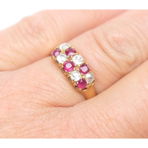 396 - Diamond and ruby cluster ring, 18ct gold, Chester 1885, set with five old brilliant cut diamonds, to... 