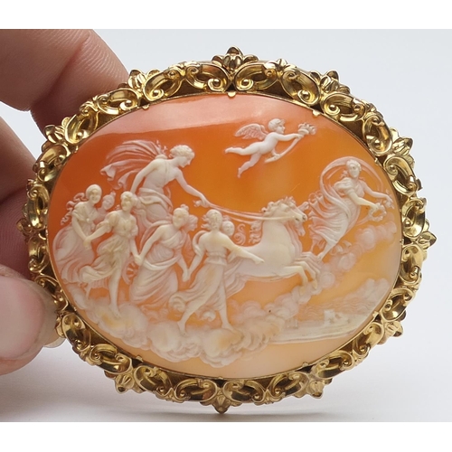 397 - Victorian carved shell cameo brooch, carved as Phoebus and the Hours preceded by Aurora, after Guido... 