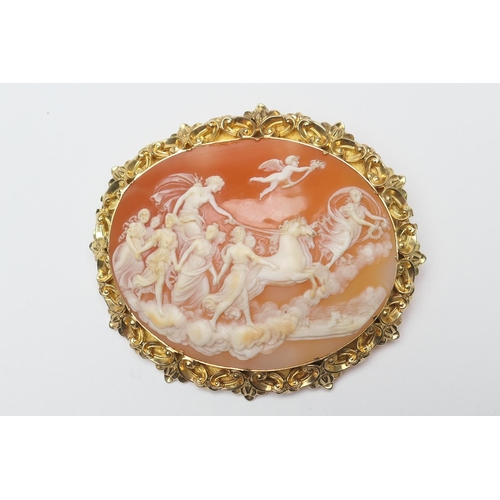 397 - Victorian carved shell cameo brooch, carved as Phoebus and the Hours preceded by Aurora, after Guido... 