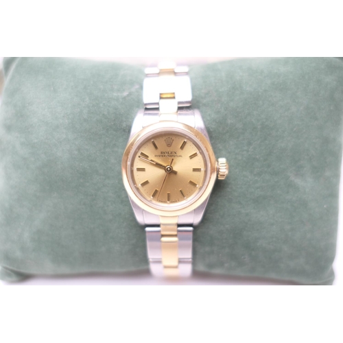 398 - Rolex Oyster Perpetual lady's bi-colour wristwatch, circa 1986, serial no. 85*****, gold coloured 18... 