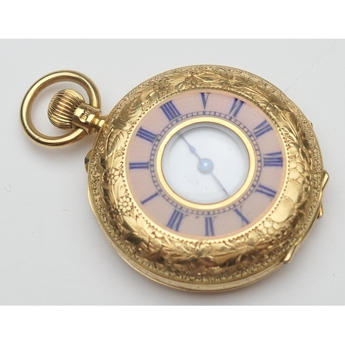 410 - Victorian 18ct gold and enamelled lady's fob watch, hallmarked Birmingham 1886, the case chased with... 