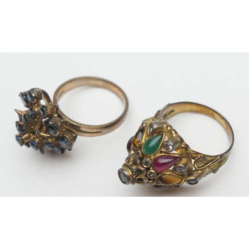 417 - Continental gem set dress ring in 14ct gold, worked in a coronet form set with pear cut cabochons an... 