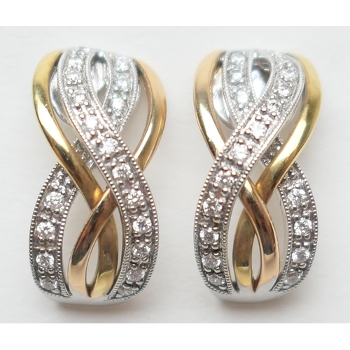 423 - Pair of Amoro diamond pave three colour 18ct gold earrings, en-suite to the previous lot, each set w... 