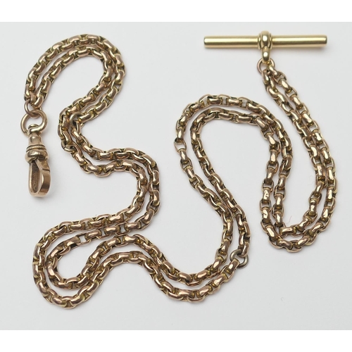 436 - Yellow gold double strand chain link watch albert, with T-bar and spring clip, length 38.5cm, weight... 