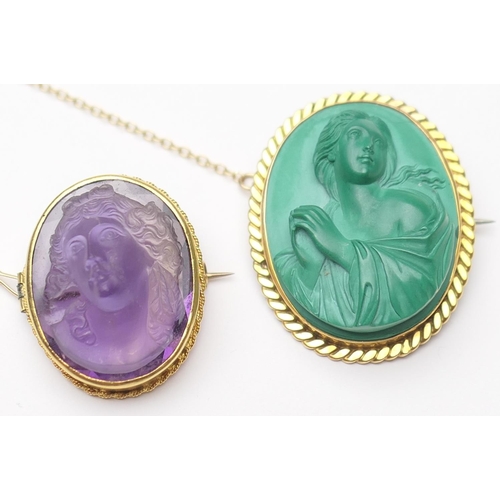 438 - Carved amethyst cameo brooch, worked as the head of Venus, in an unmarked yellow metal mount with sa... 