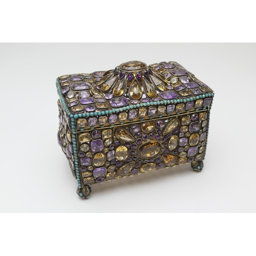 443 - Late Victorian or Edwardian jewelled silver gilt casket, circa 1900, rectangular form worked through... 