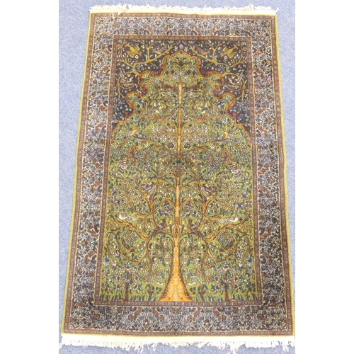 723 - Kashan woollen prayer rug, the green field with a foliate tree of life with birds amidst its branche... 