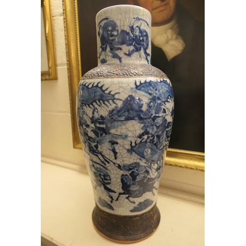 54 - Chinese blue and white crackle glazed vase, late 19th Century, of large proportions, having a cylind... 
