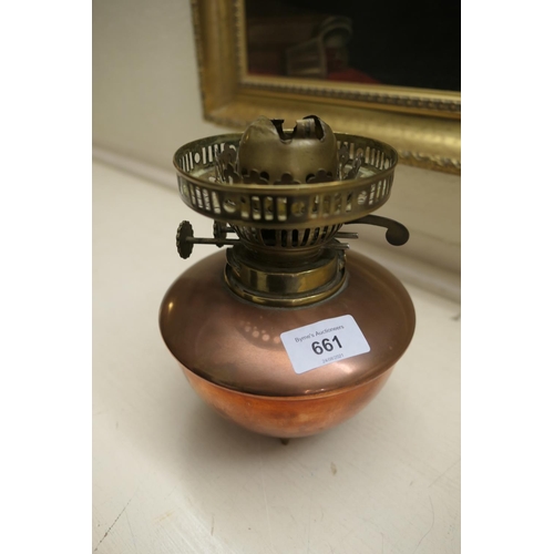 661 - W.A.S. Benson, brass and copper oil lamp, with a frosted spherical shade, copper tank over a brass t... 