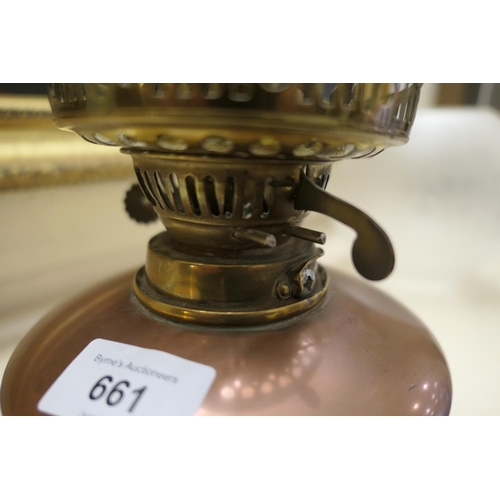 661 - W.A.S. Benson, brass and copper oil lamp, with a frosted spherical shade, copper tank over a brass t... 