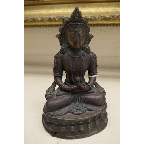 647 - Tibetan bronze figure of Bodhisattva, 19th Century, cast seated on a lotus throne in dhyanasana, 14.... 