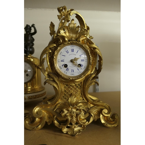 650 - French gilt ormolu mantel clock, by Japy Fils, in Rococo Revival style, with scrolling acanthus encl... 