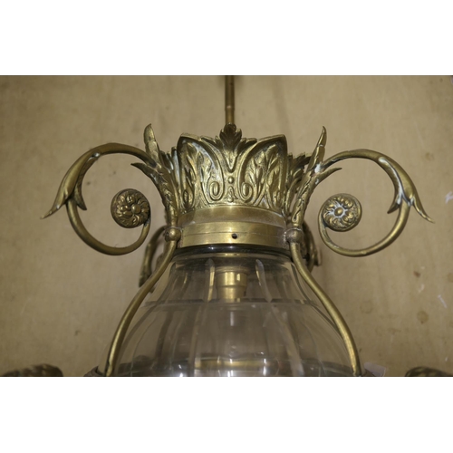 669 - French cast brass and cut glass hall lantern, 63cm drop