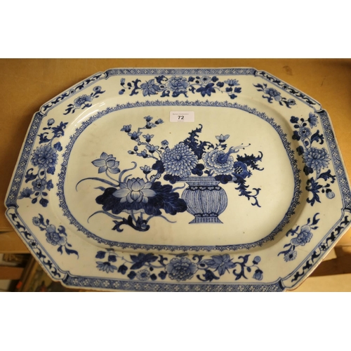 72 - Chinese export blue and white meat plate, 18th Century, canted rectangular form finely decorated to ... 