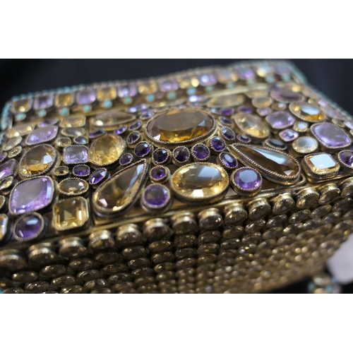 443 - Late Victorian or Edwardian jewelled silver gilt casket, circa 1900, rectangular form worked through... 