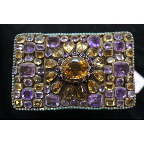 443 - Late Victorian or Edwardian jewelled silver gilt casket, circa 1900, rectangular form worked through... 