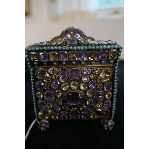 443 - Late Victorian or Edwardian jewelled silver gilt casket, circa 1900, rectangular form worked through... 