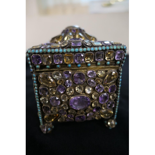 443 - Late Victorian or Edwardian jewelled silver gilt casket, circa 1900, rectangular form worked through... 