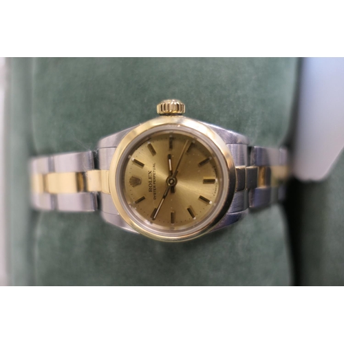 398 - Rolex Oyster Perpetual lady's bi-colour wristwatch, circa 1986, serial no. 85*****, gold coloured 18... 