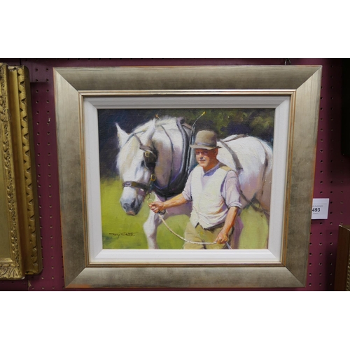 493 - Tony Sheath (b. 1946), Man and horse, oil on canvas board, signed, inscribed and labelled verso, 25c... 