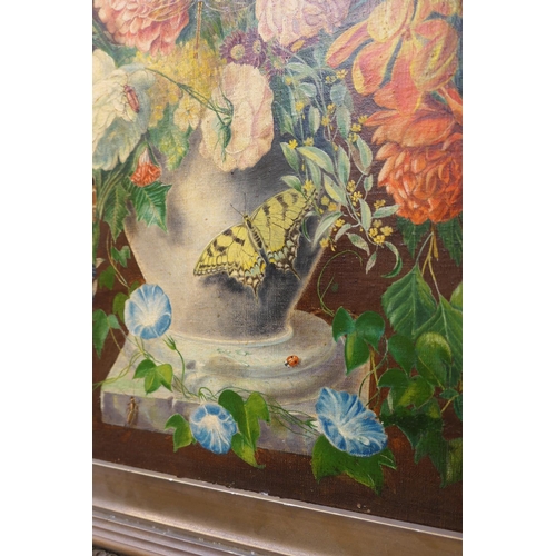 532 - English School (early 20th Century), still life with mixed flowers in a vase with butterflies and ot... 