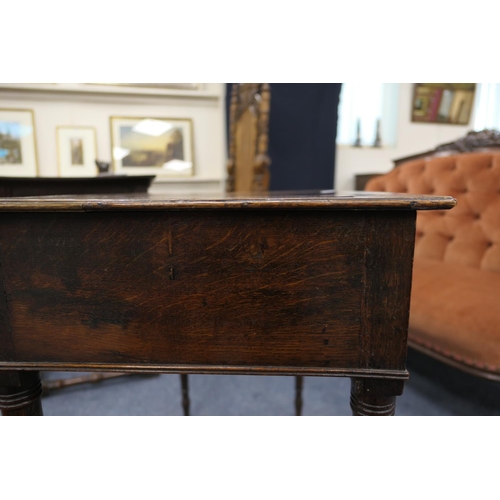 702 - Provincial oak side table, probably North Wales, circa 1810-30, two plank top over an unusual config... 