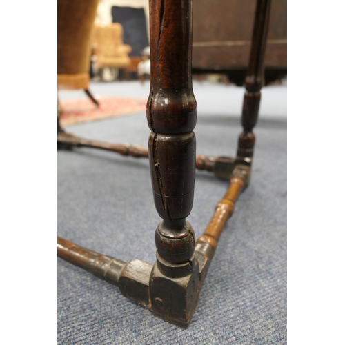 704 - Charles II oak joined side table, circa 1680, the two plank top over a single long drawer with doubl... 