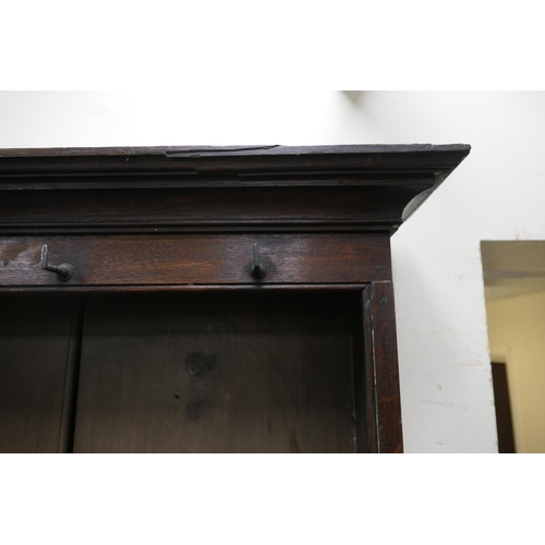 747 - Late George III oak dresser and plate rack, circa 1800, the boarded rack with three shelves and thre... 