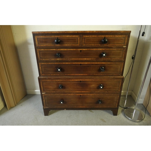 749 - Pair of late George III mahogany and satinwood banded chests on chests, circa 1800-20, each fitted w... 