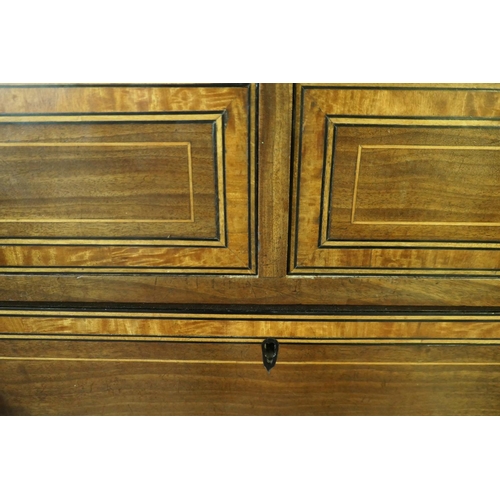 749 - Pair of late George III mahogany and satinwood banded chests on chests, circa 1800-20, each fitted w... 