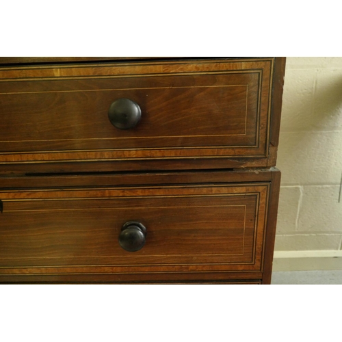 749 - Pair of late George III mahogany and satinwood banded chests on chests, circa 1800-20, each fitted w... 